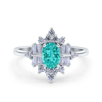 Oval Cut Halo Vintage Wedding Ring Simulated Paraiba Tourmaline CZ 925 Sterling Silver